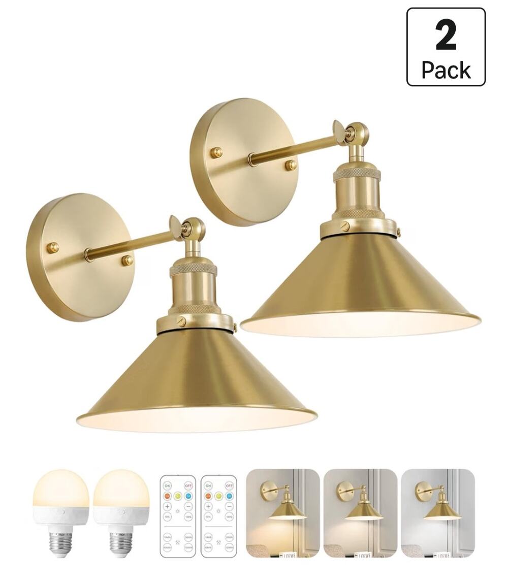 Bailoch Gold Wireless Wall Sconces Set of 2 Rechargeable LED Remote Vintage